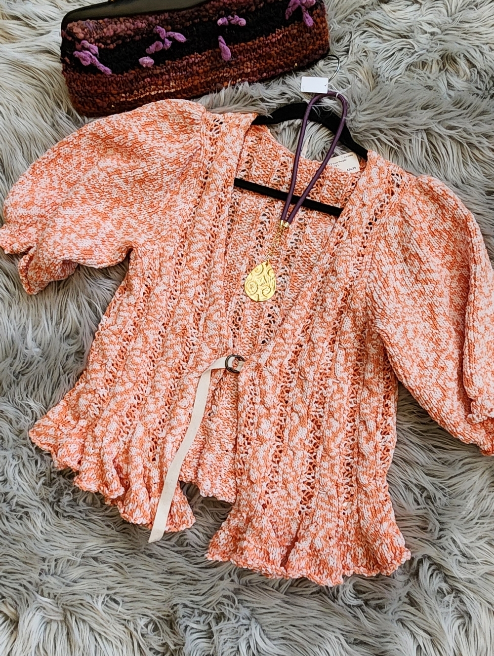 Free People Orange and White Crocheted Cardigan Sweater
